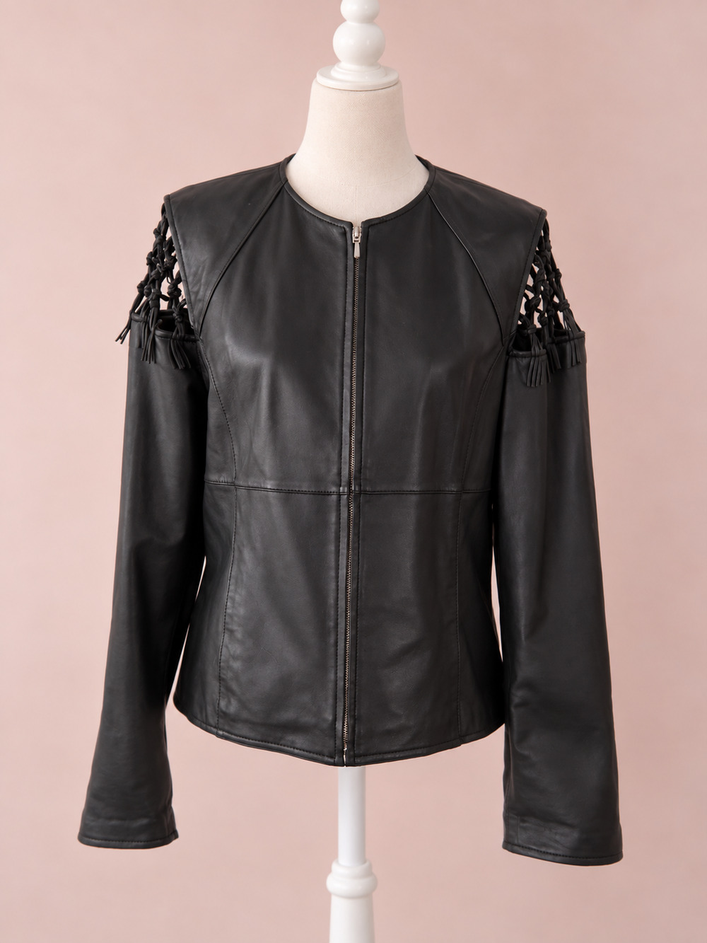 Vintage Y2K Pamela McCoy Genuine Leather Macramé Cutout Black Jacket | Women's L